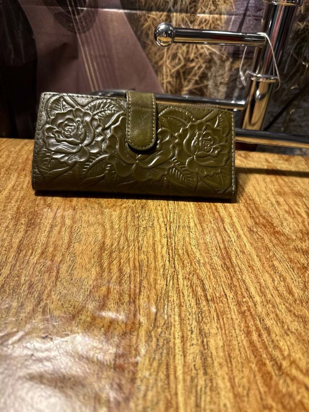 Patricia Nash Nazari Tooled Rose Leather Flap Wallet Olive Green